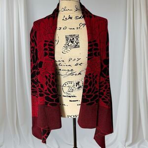 Red Women's Large Black Red Floral Open Front Cardigan Sweater Fall Winter